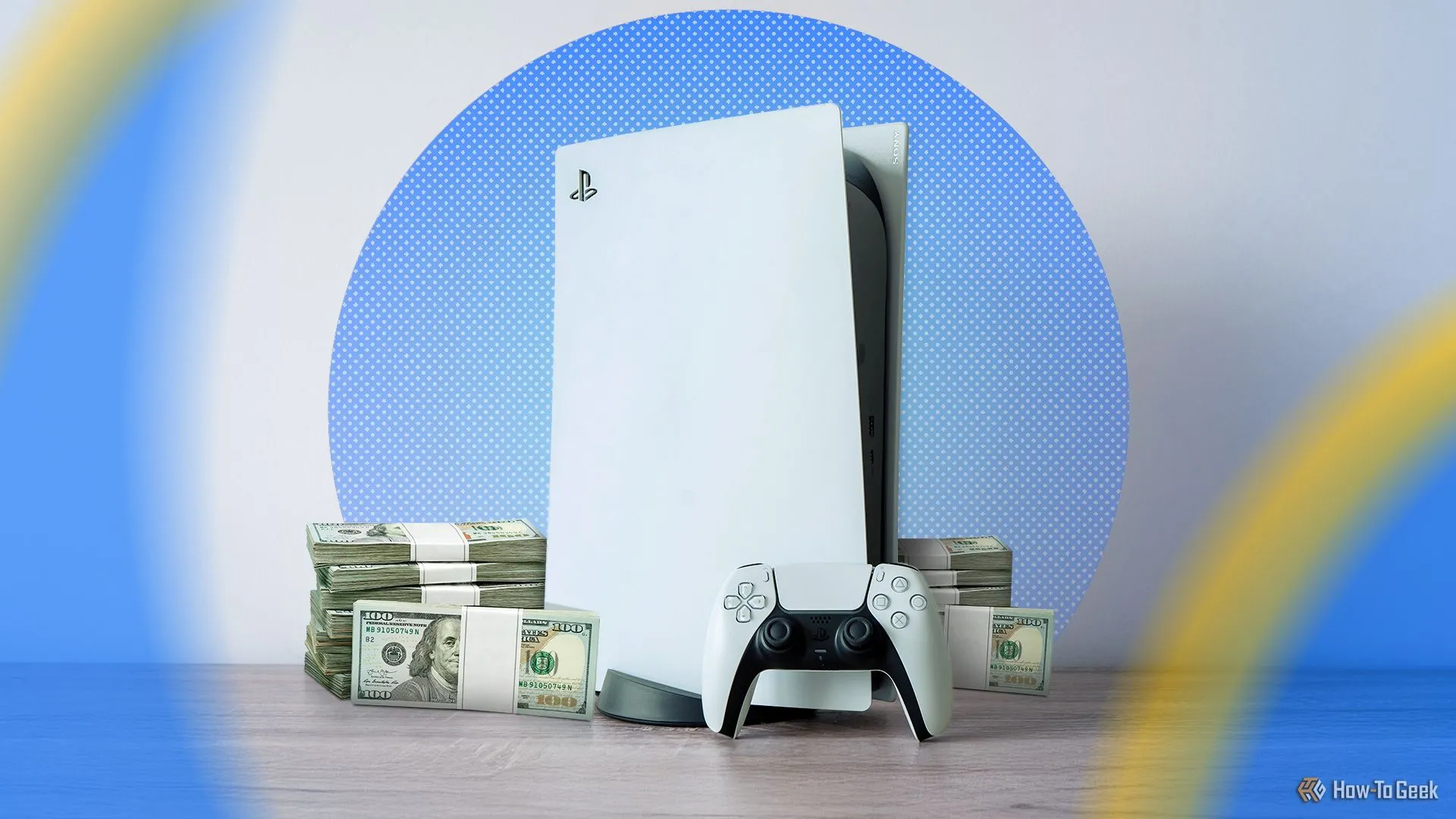 Máy chơi game PlayStation 5 bên cạnh chồng tiền mặt, tượng trưng cho việc giá game và console ngày càng tăng cao.