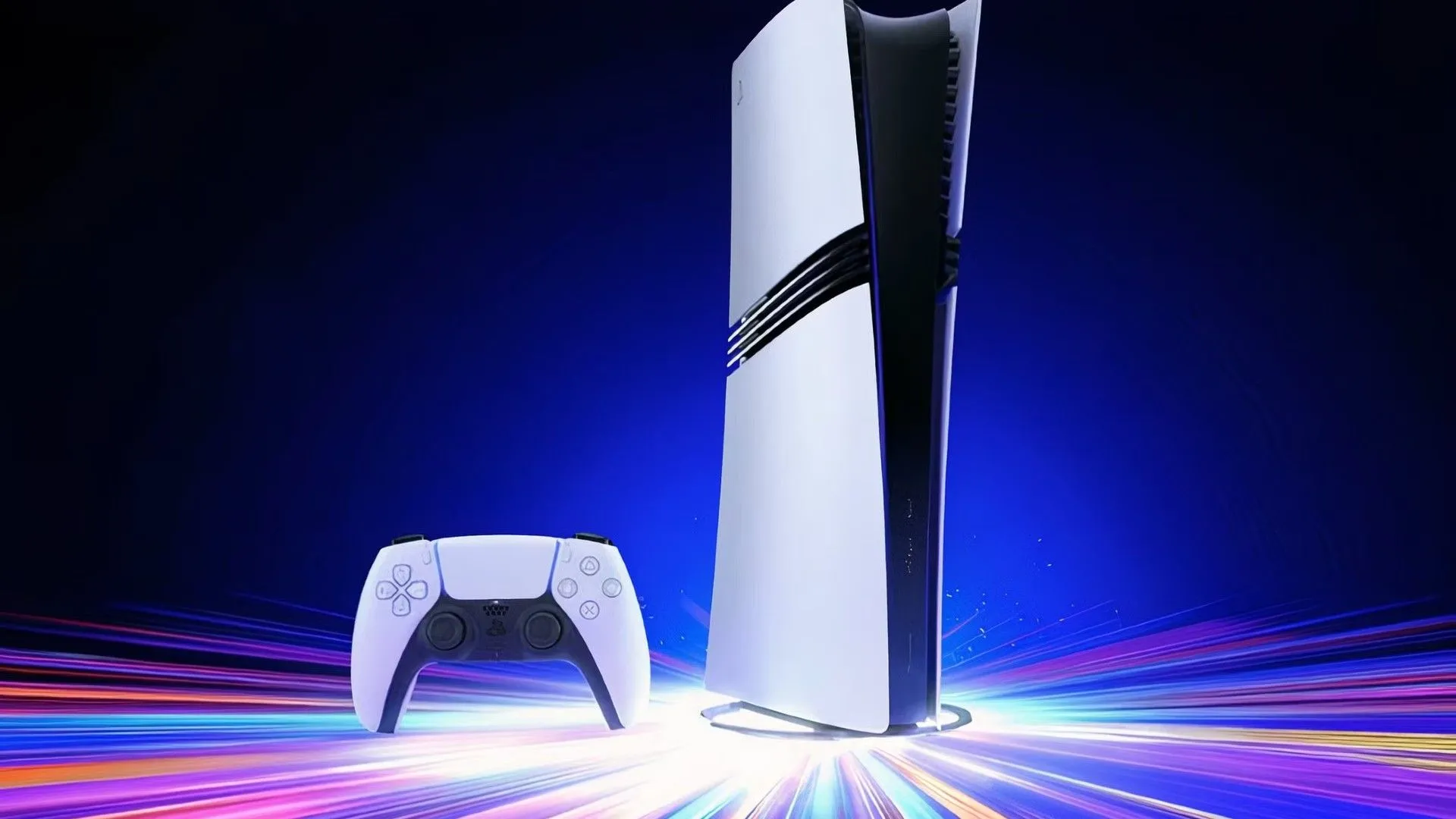 Máy chơi game PlayStation 5 Pro trên nền xanh, gợi liên tưởng đến PS6