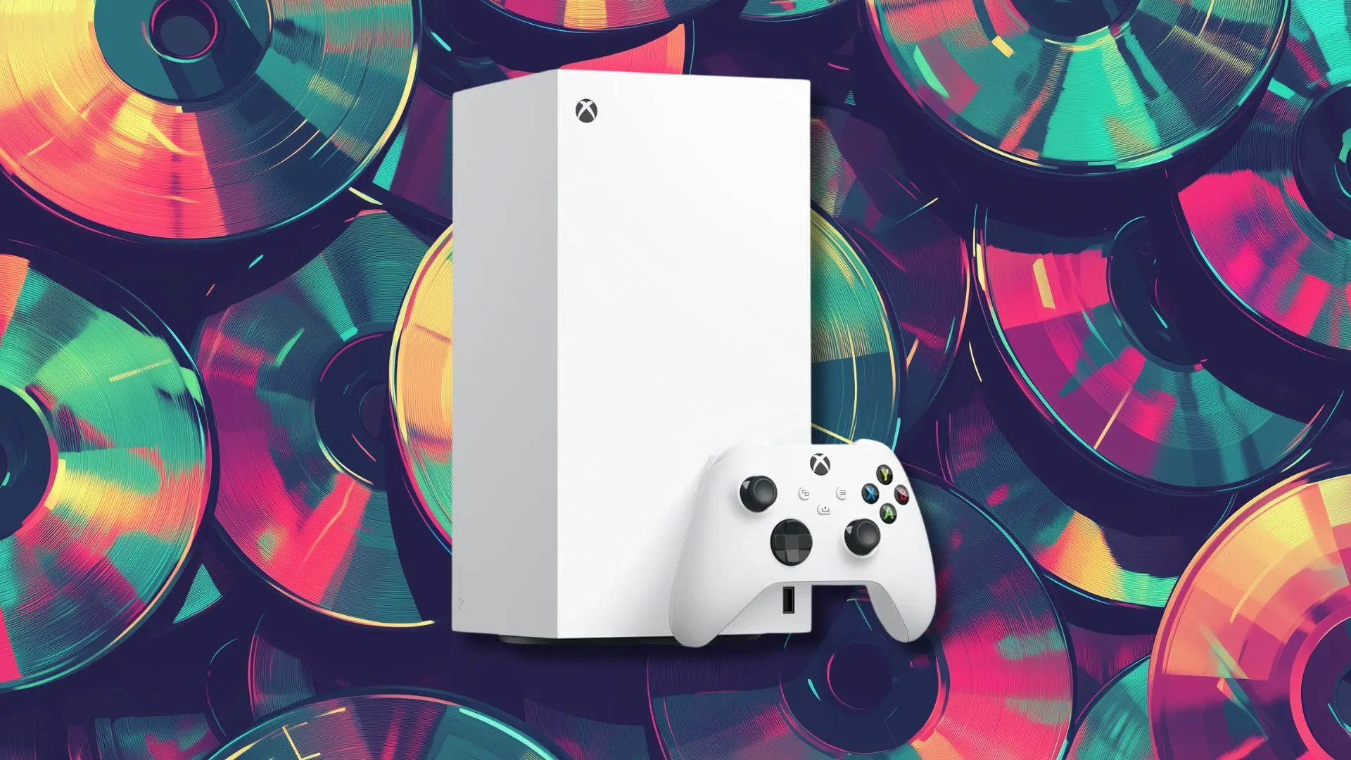 Máy chơi game Xbox Series X màu trắng đặt trên nền các đĩa game CD cũ, tượng trưng cho sự chuyển đổi từ game vật lý sang kỷ nguyên game kỹ thuật số.