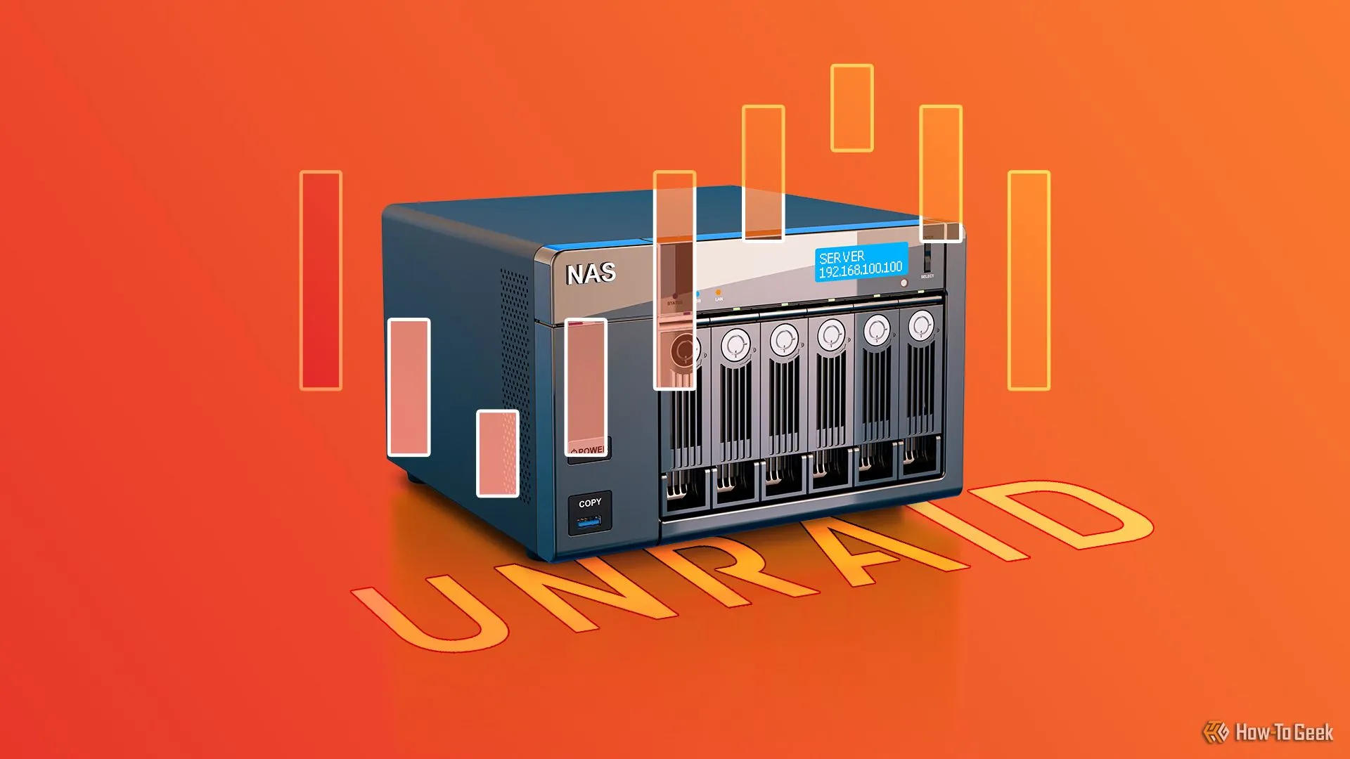 Máy chủ NAS với logo Unraid ở trung tâm, đại diện cho hệ điều hành tùy chỉnh phổ biến cho NAS