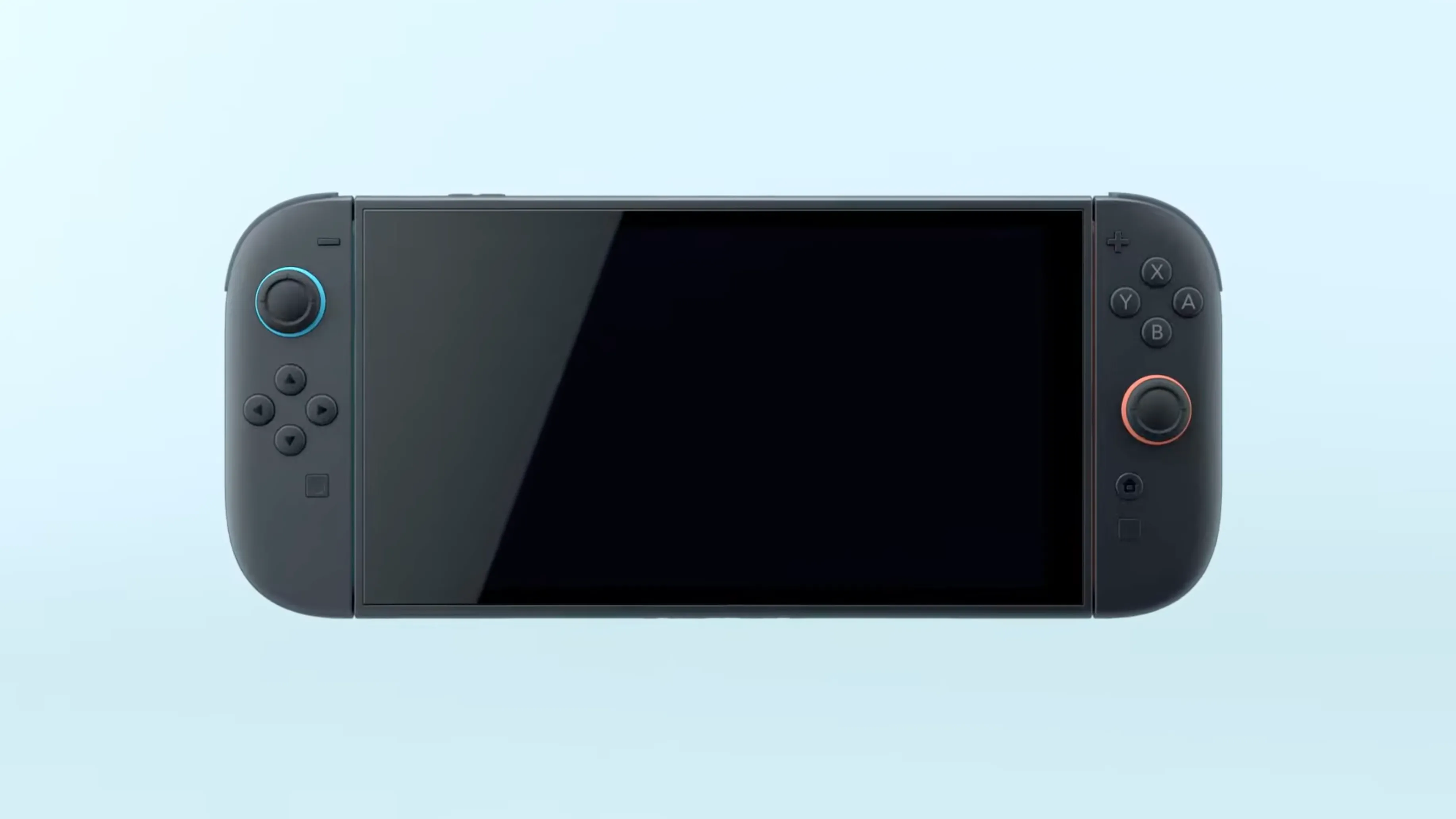 Máy Nintendo Switch 2 với Joy-Cons gắn liền, hiển thị màn hình 7.9 inch lớn hơn và viền mỏng, nổi bật với màu đen bóng bẩy.