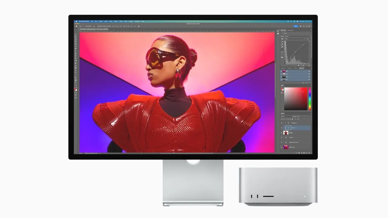 Máy tính Apple Mac Studio chạy phần mềm Adobe Photoshop, minh họa nhu cầu về các ứng dụng chuyên nghiệp trên các hệ điều hành khác ngoài Windows và macOS.