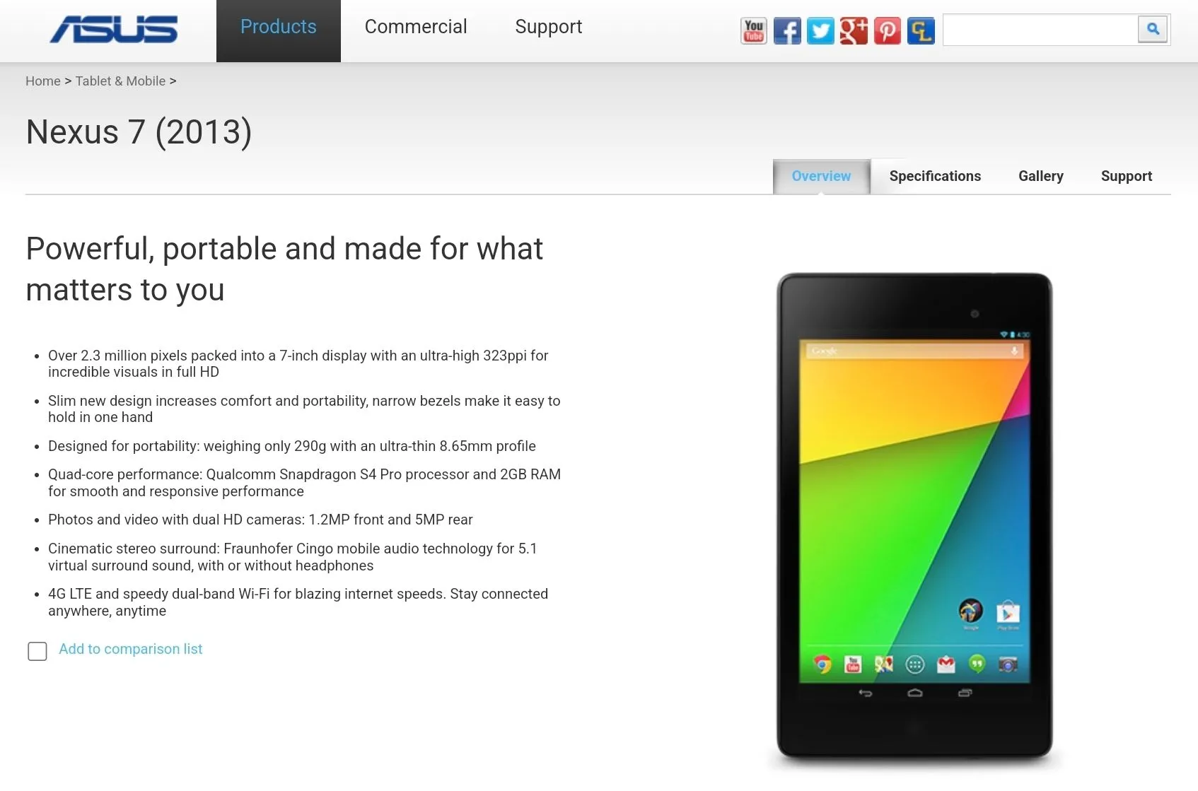Máy tính bảng Nexus 7 (2013) hiển thị trên trang web ASUS vào năm 2013, với logo Google.