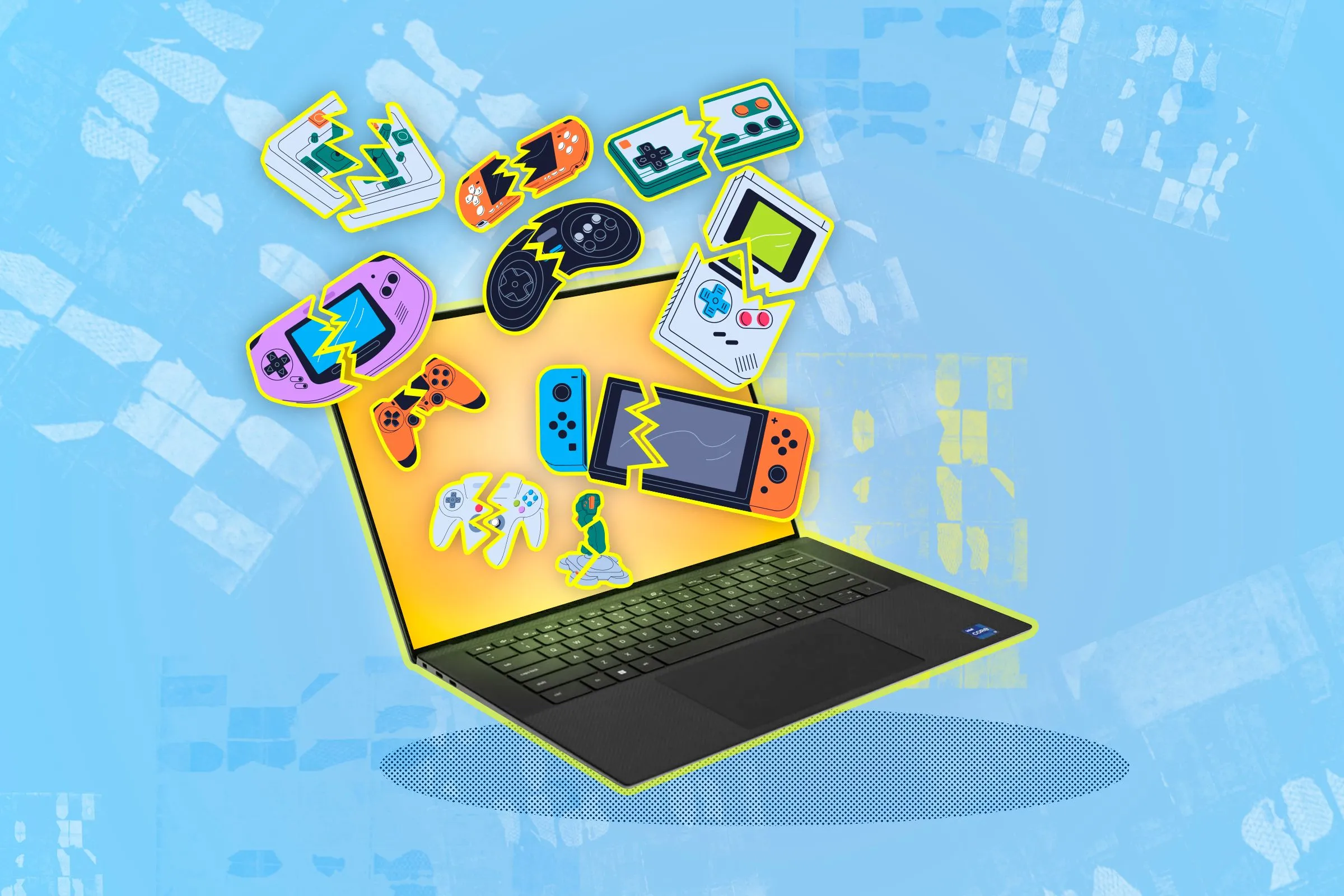Máy tính xách tay với các tay cầm chơi game bị hỏng, minh họa khái niệm giả lập game retro.