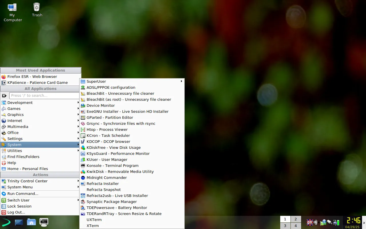 Menu các tiện ích hệ thống trong môi trường Trinity của EXE GNU/Linux, bao gồm các công cụ quản lý.