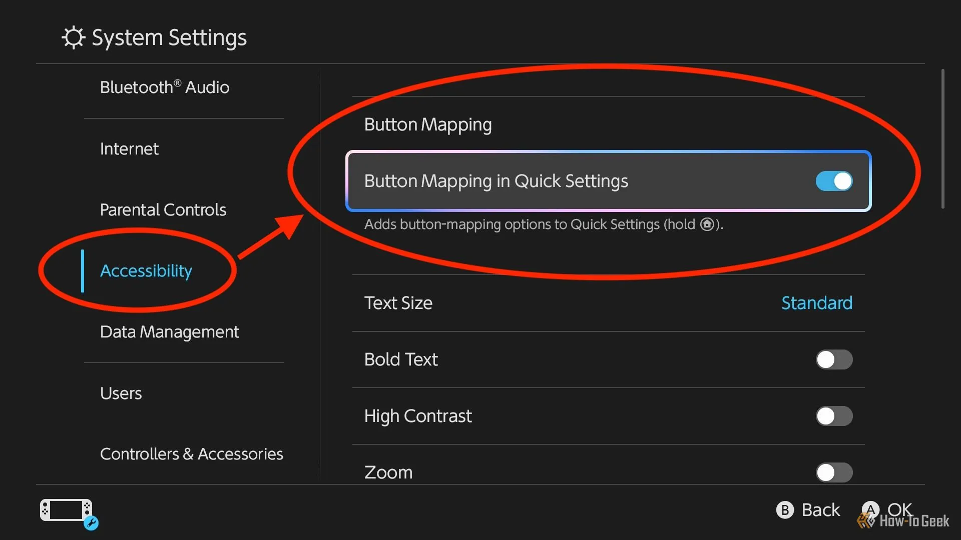 Menu Cài đặt Hệ thống Switch 2, nổi bật tab Trợ năng và tùy chọn Ánh Xạ Nút