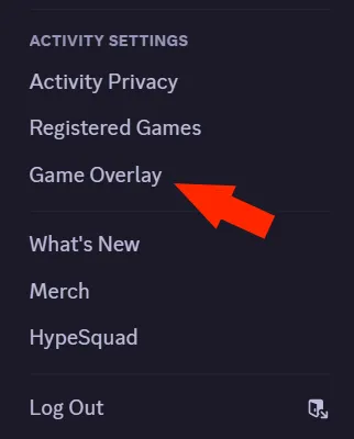 Menu Cài đặt Người dùng của Discord, hiển thị mục Game Overlay trong phần Activity Settings