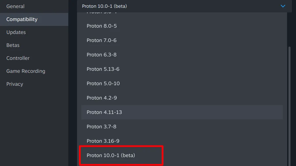 Menu cài đặt tương thích trên Steam hiển thị danh sách các phiên bản Proton, với tùy chọn Proton 10.0-1 (beta) được đánh dấu