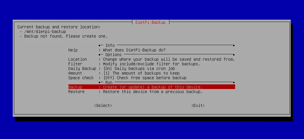 Menu chính của công cụ sao lưu dietpi-backup tích hợp trên DietPi