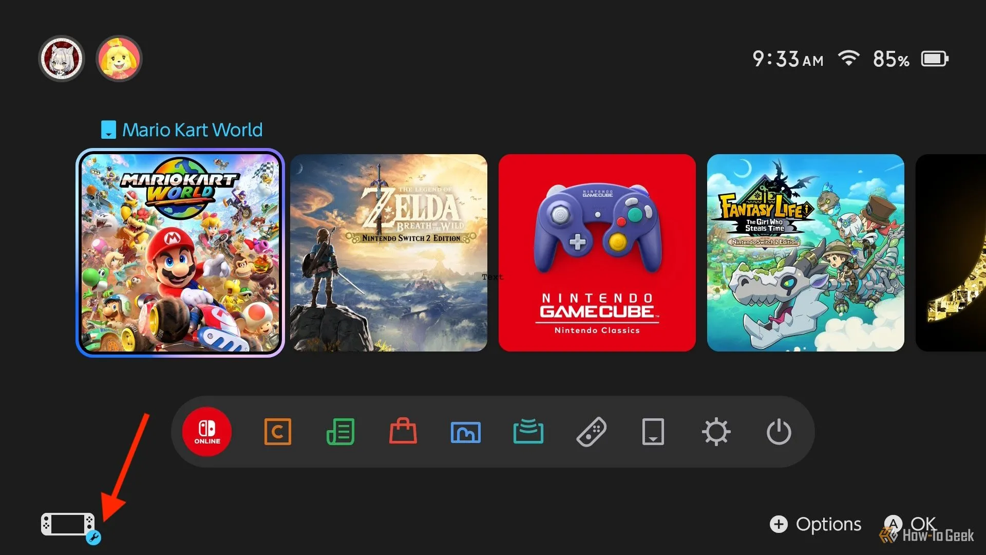 Menu chính Nintendo Switch 2 với biểu tượng cờ lê chỉ tính năng ánh xạ nút tay cầm