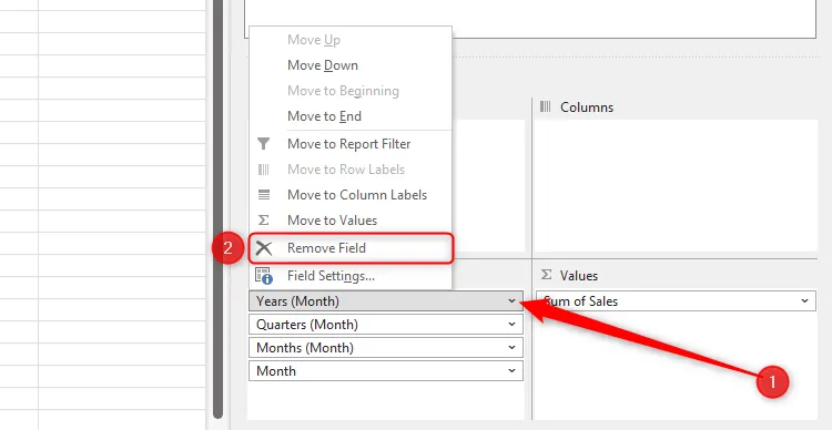 Menu chuột phải của một trường trong mục Rows của PivotTable Fields trong Excel, với tùy chọn Remove Field được chọn để loại bỏ trường thời gian thừa