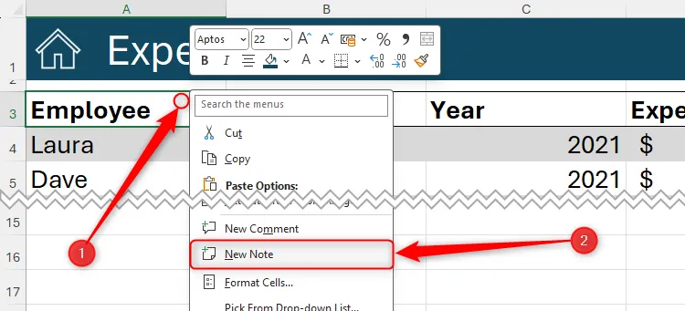 Menu chuột phải hiển thị tùy chọn &quot;New Note&quot; để thêm ghi chú vào một ô cụ thể trong bảng tính Excel, giúp làm rõ thông tin.