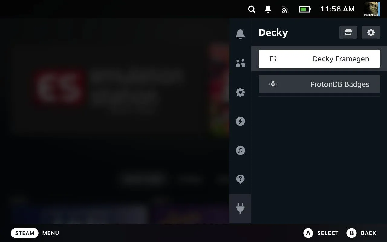 Menu Decky hiển thị plugin Decky Framegen đã cài đặt trên Steam Deck