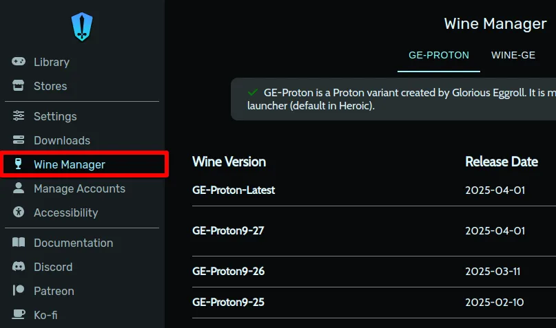 Menu Heroic Games Launcher với tùy chọn &quot;Wine Manager&quot; được đánh dấu để quản lý các phiên bản Proton.