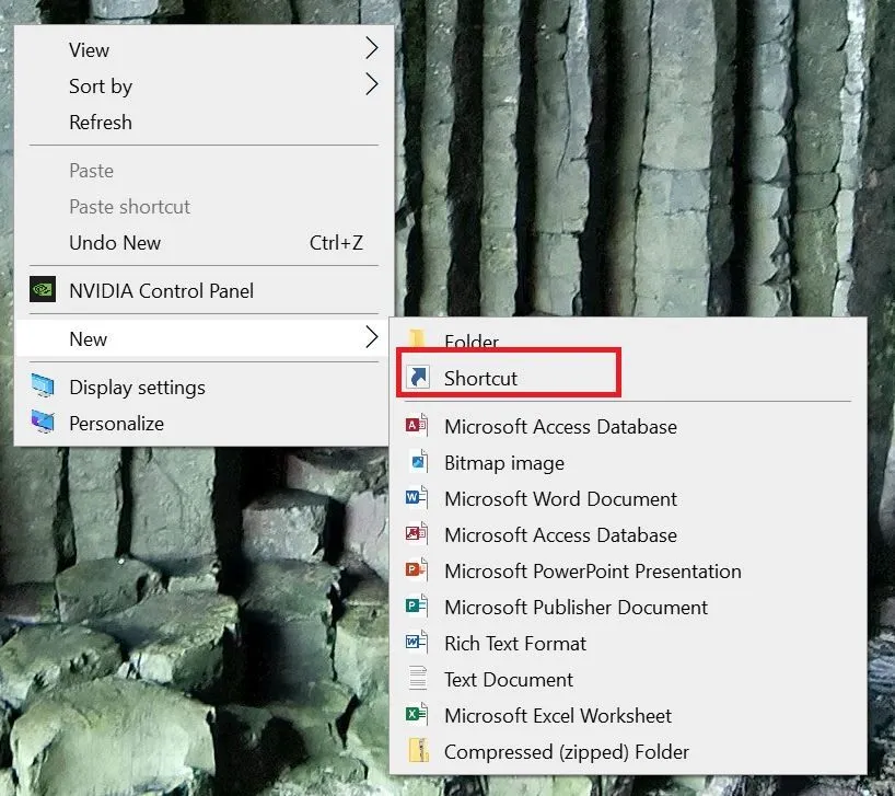 Menu ngữ cảnh khi nhấp chuột phải trên desktop Windows để tạo shortcut mới
