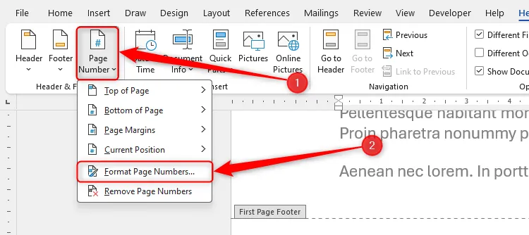 Menu Page Number trong Microsoft Word mở rộng, với tùy chọn Format Page Numbers được chọn để tùy chỉnh.