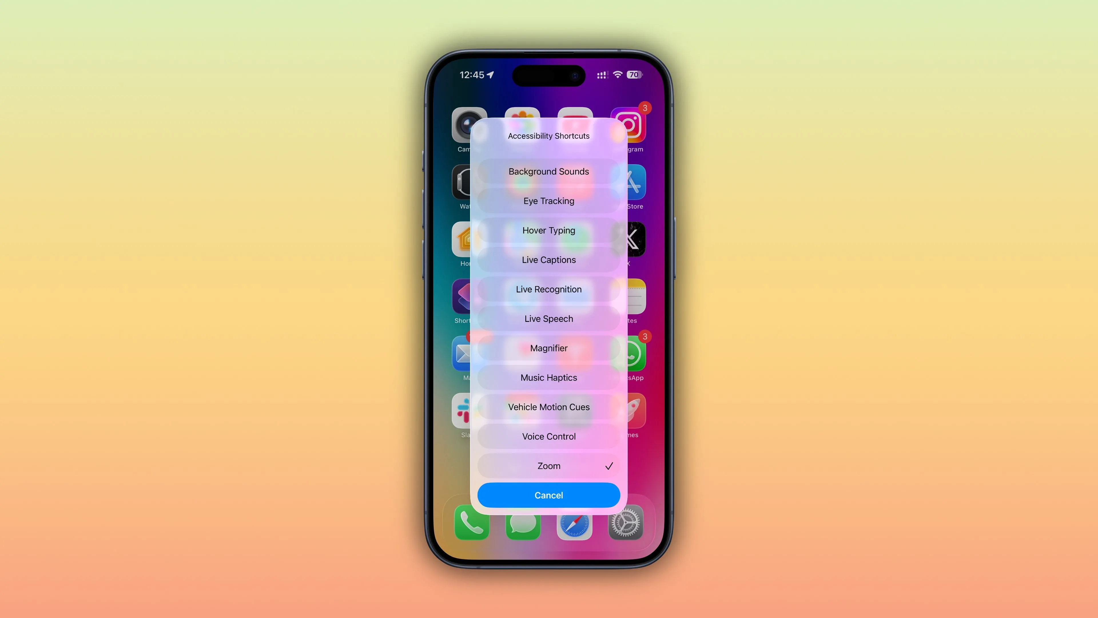 Menu Phím tắt trợ năng trên màn hình chính iPhone, hiển thị các tùy chọn trợ năng đã thiết lập