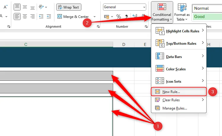 Menu thả xuống Conditional Formatting trong Excel với tùy chọn &quot;New Rule&quot; được chọn, cho phép tạo quy tắc định dạng tự động cho các ô.