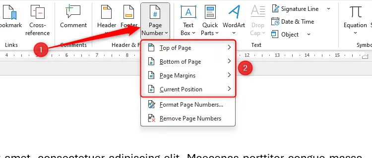 Menu thả xuống Page Number trong Microsoft Word hiển thị các tùy chọn vị trí đánh số trang trên tài liệu.