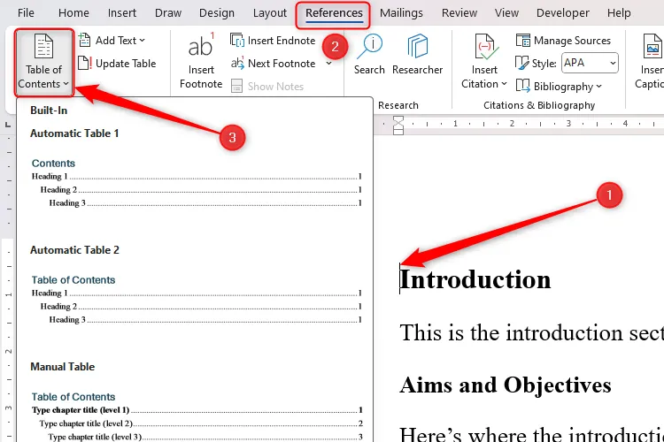 Menu thả xuống Table Of Contents trong tab References của Microsoft Word, hiển thị các tùy chọn tạo mục lục.