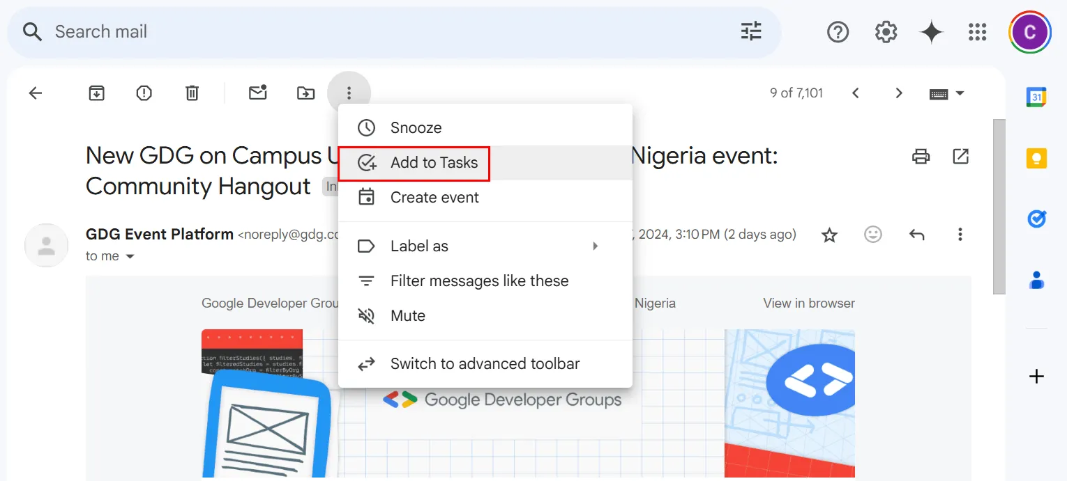 Menu tùy chọn email trong Gmail hiển thị tùy chọn &quot;Add to Tasks&quot;