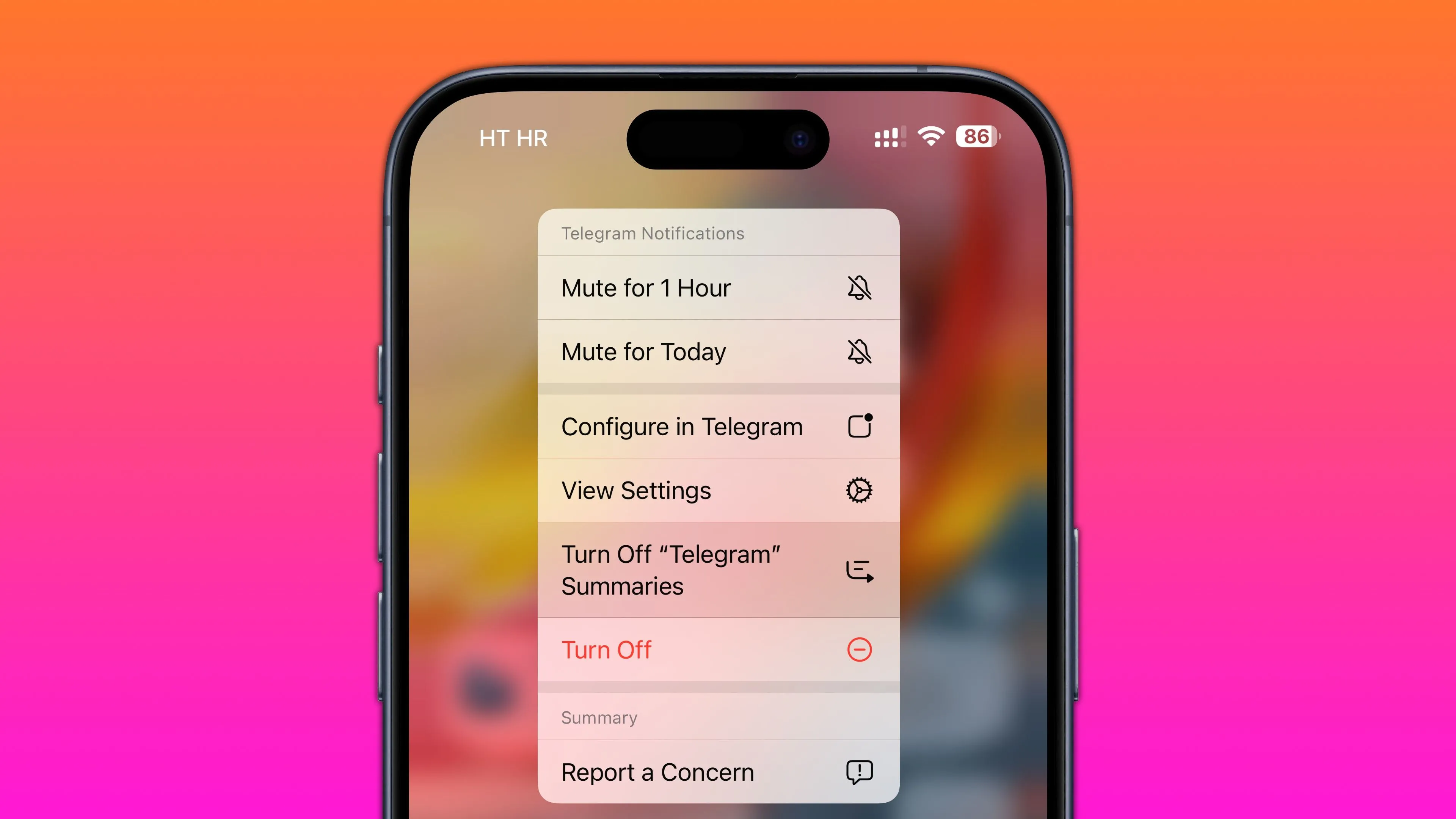 Menu tùy chọn tắt tóm tắt thông báo AI trên màn hình khóa của iPhone