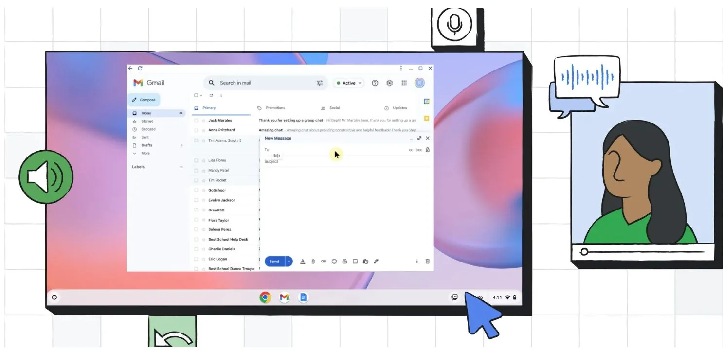 Minh họa cách điều khiển Chromebook bằng khuôn mặt qua tính năng Face Control, hiển thị các cử chỉ khuôn mặt tương tác với màn hình.