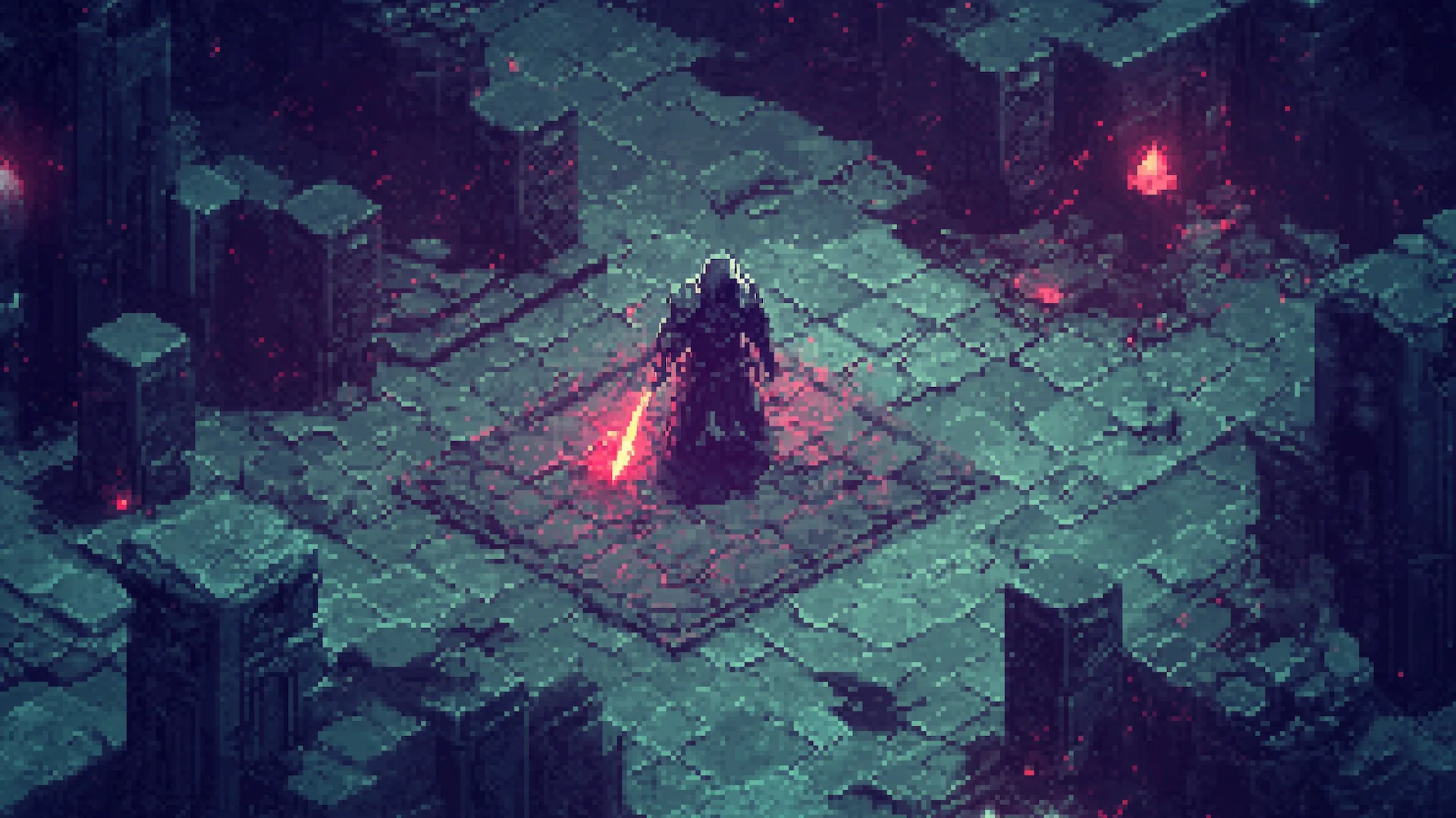 Minh họa nghệ thuật pixel về một game nhập vai chiến thuật góc nhìn isometric, tương tự Baldur's Gate 3.