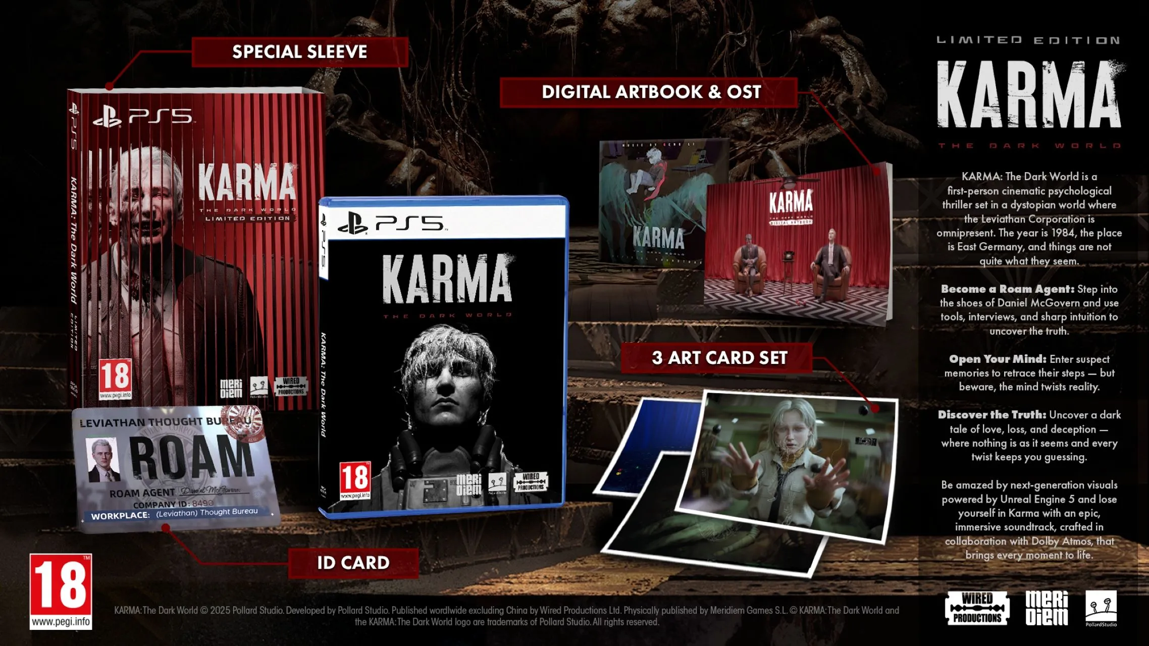 Minh họa phiên bản vật lý giới hạn của game Karma The Dark World trên PlayStation 5, bao gồm hộp đĩa, thẻ nghệ thuật và huy hiệu Leviathan ID