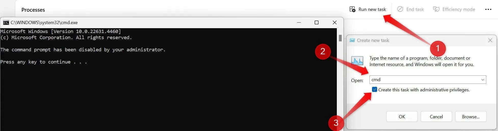 Mở Command Prompt (CMD) với quyền quản trị viên bằng cách sử dụng tính năng &quot;Run New Task&quot; của Task Manager.