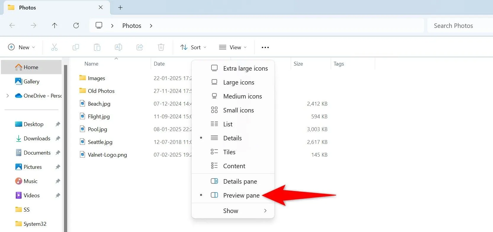 Mở tab Xem (View) và bật Ngăn xem trước (Preview Pane) trong File Explorer trên Windows 11