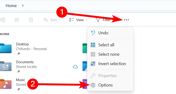 Mở tùy chọn thư mục (Folder Options) từ menu File Explorer trên Windows 11.