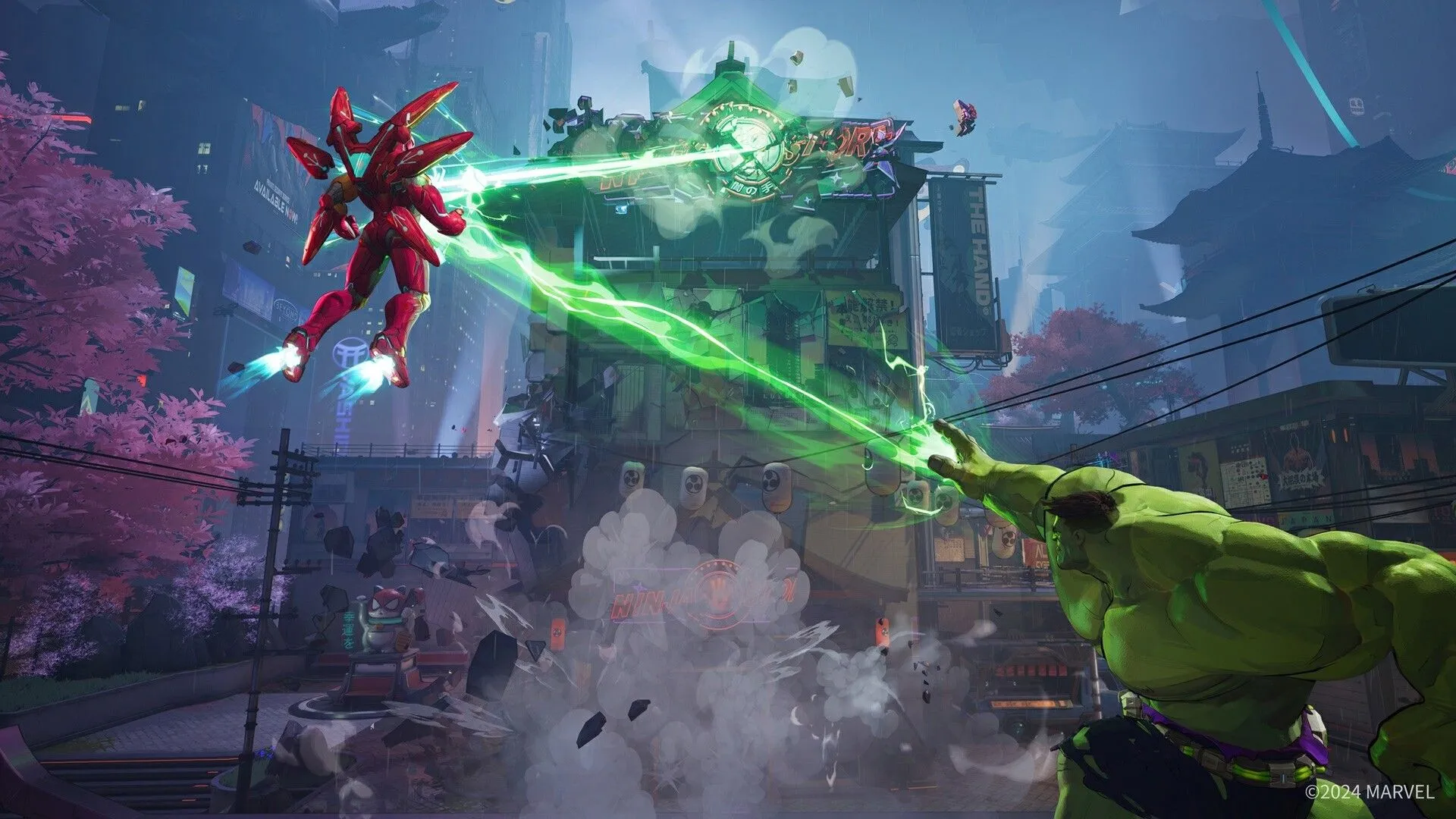 Môi trường chiến đấu chi tiết trong Marvel Rivals với các tòa nhà và hiệu ứng.