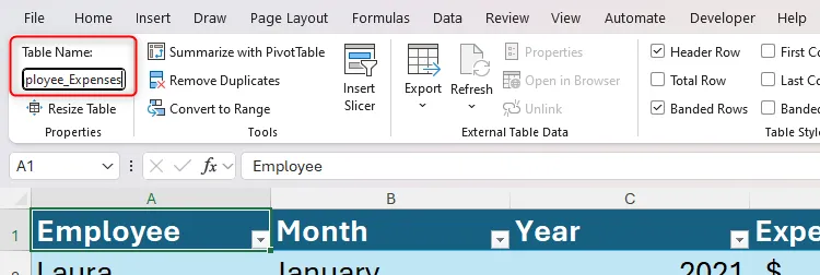 Một bảng dữ liệu trong Excel đang được đổi tên thành Employee_Expenses trên tab Design, cải thiện khả năng quản lý và tham chiếu dữ liệu.