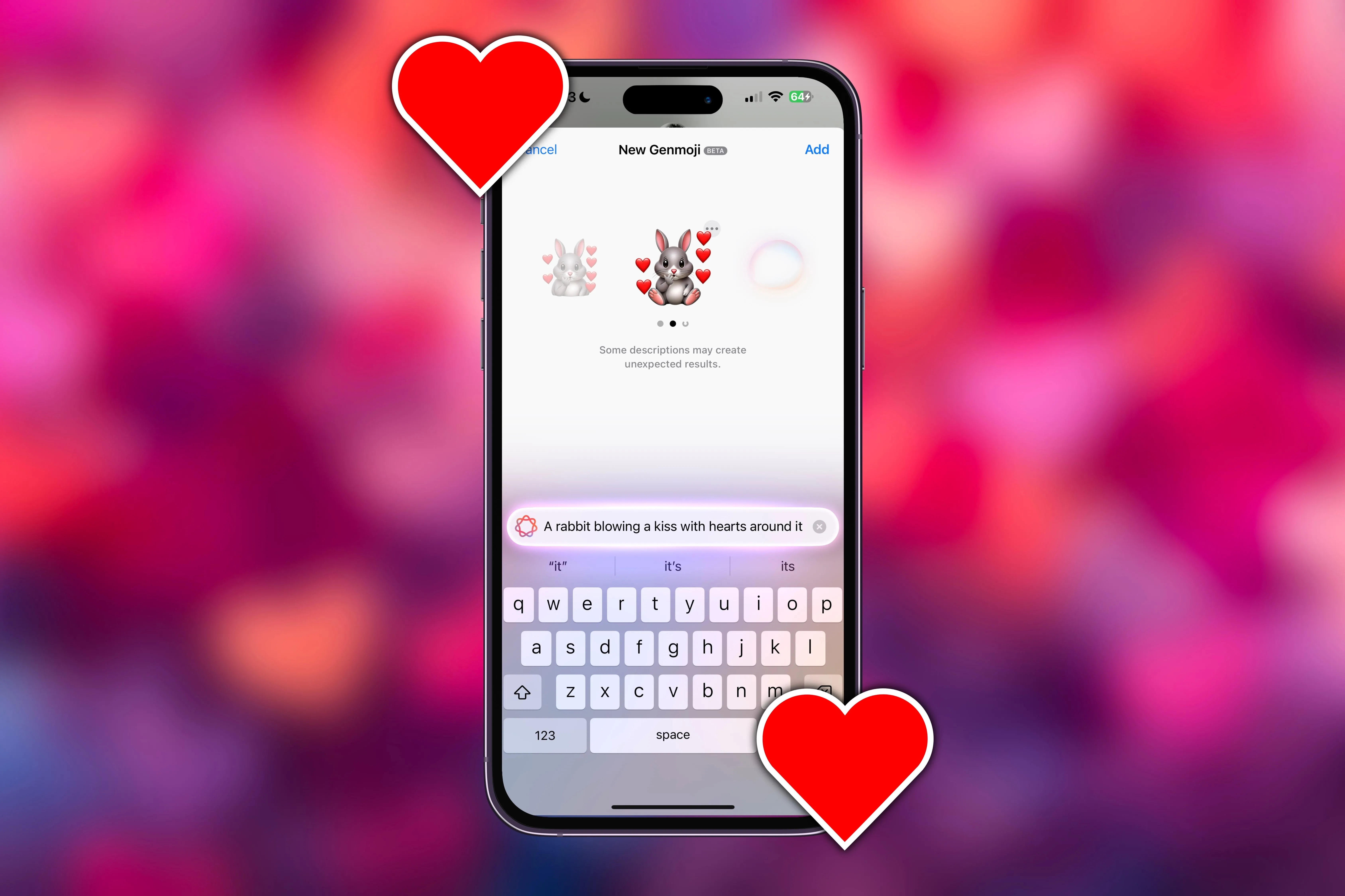 Một biểu tượng cảm xúc được cá nhân hóa, tạo bằng Genmoji trên iPhone, với các trái tim xung quanh.