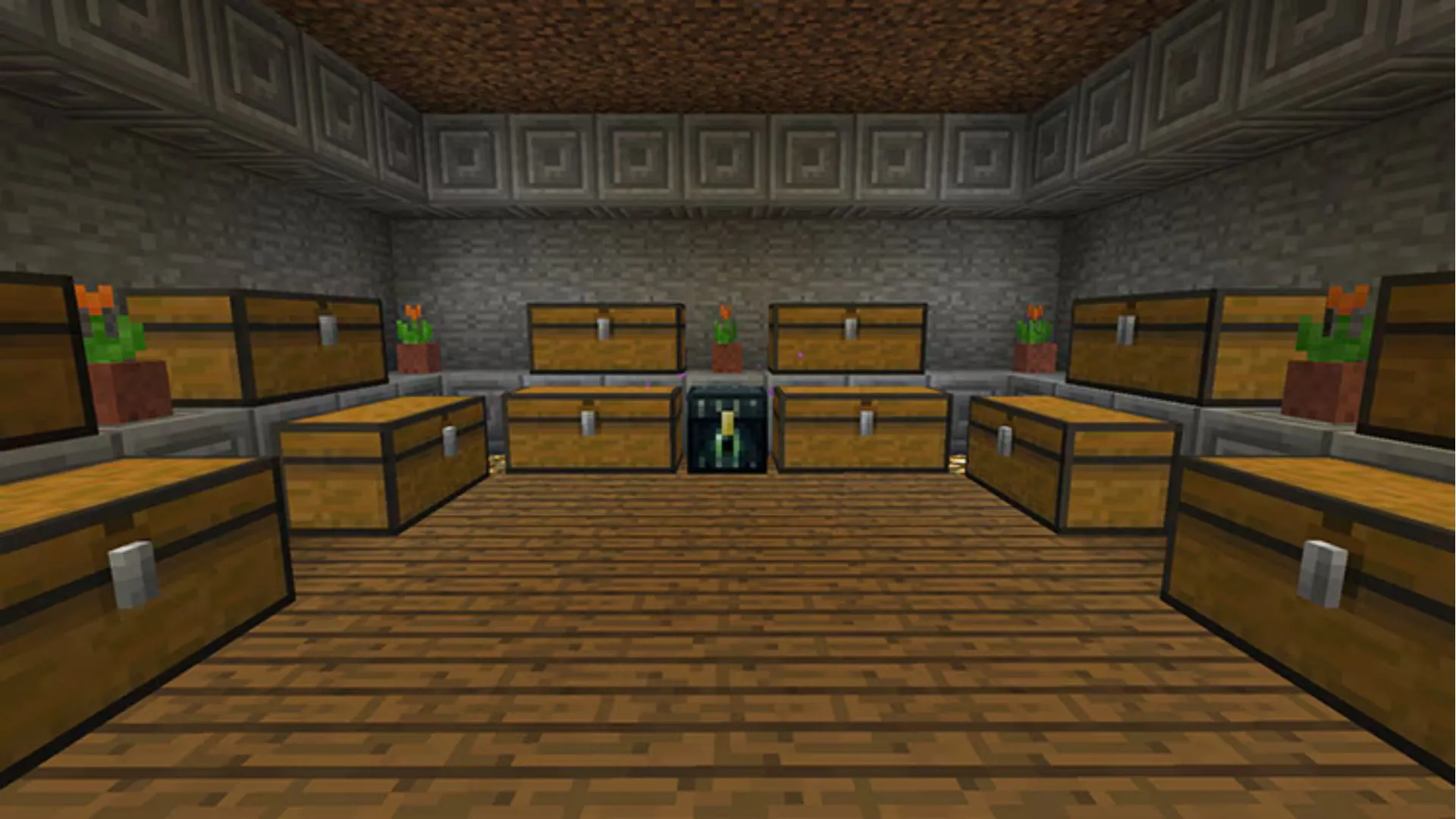 Một căn phòng chứa đầy rương đồ trong game Minecraft.