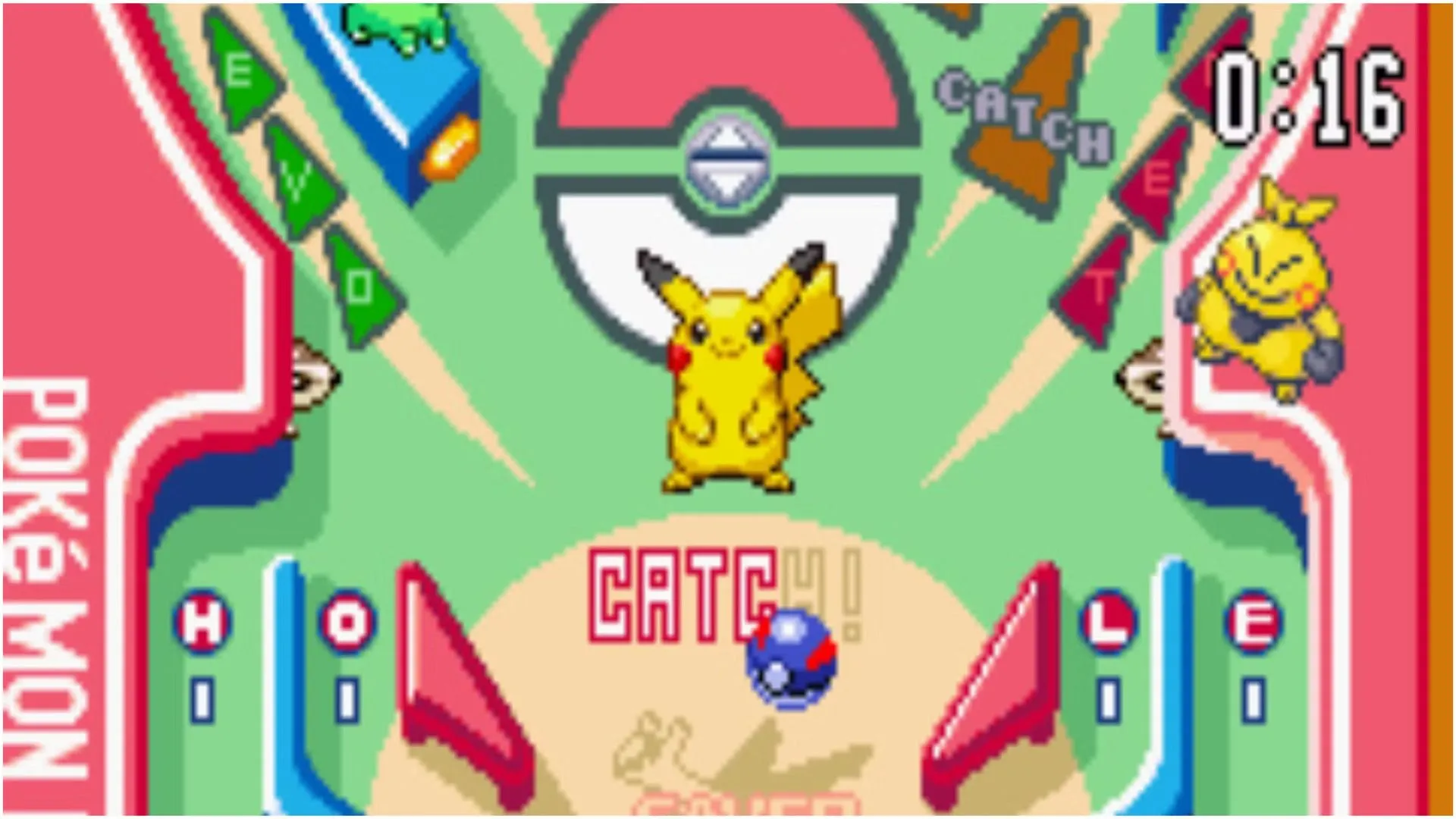 Một cảnh chơi từ game Pokémon Pinball gốc trên Game Boy Color