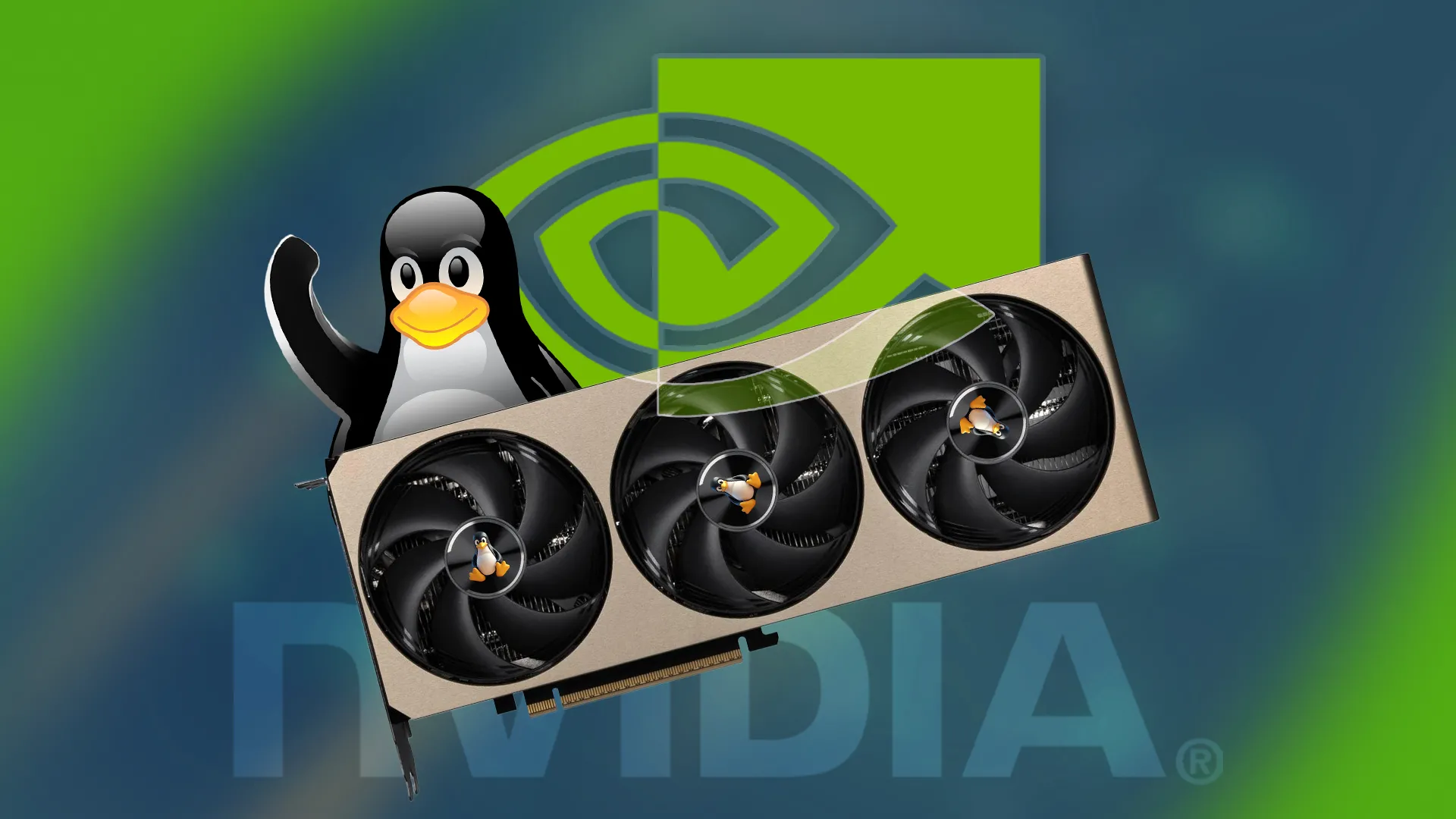 Một card đồ họa (GPU) với linh vật Linux (Tux) bên cạnh và logo Nvidia ở nền.
