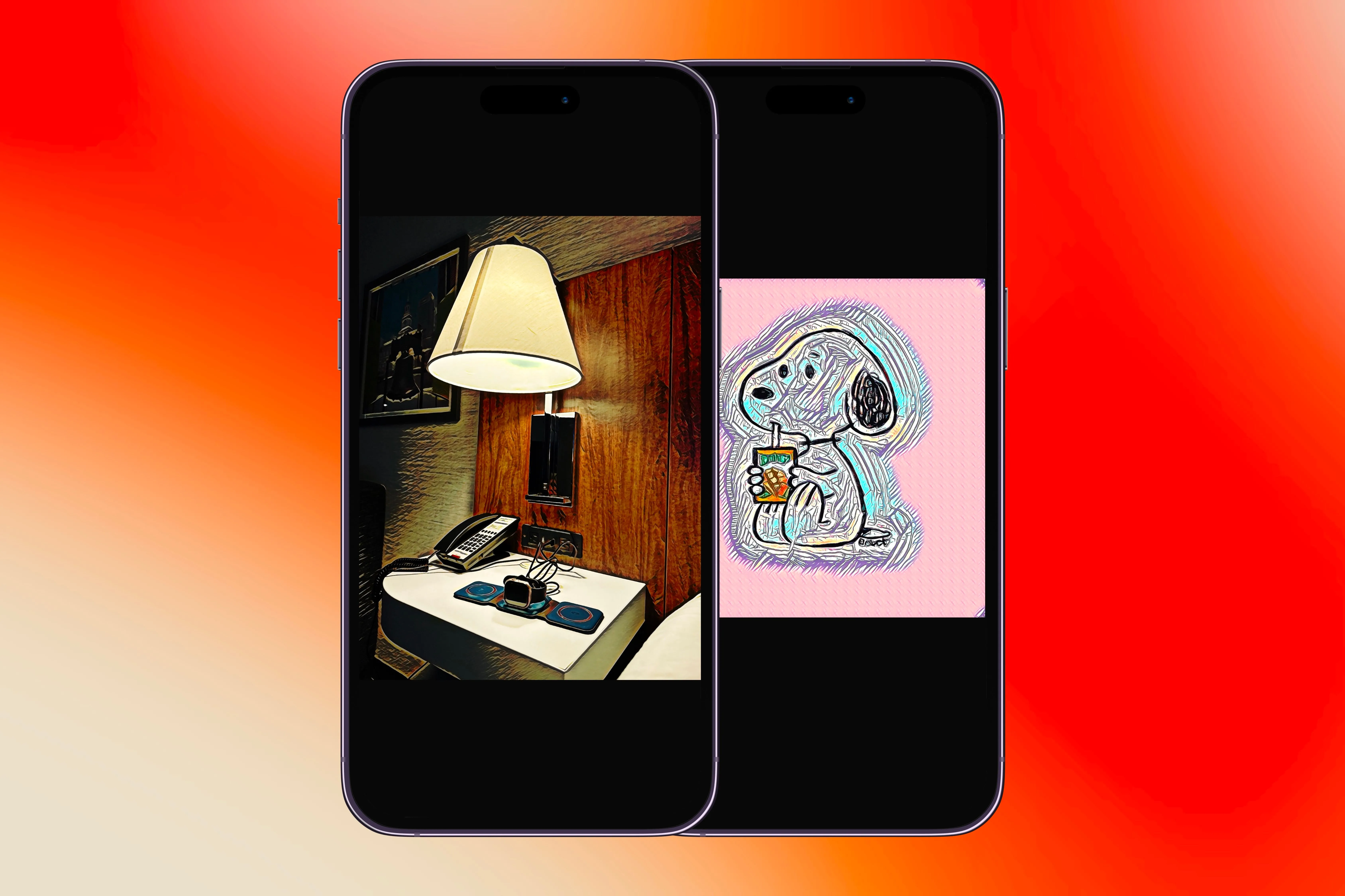 Một chiếc đèn và nhân vật Snoopy được chỉnh sửa trong ứng dụng Visionist trên hai chiếc iPhone khác nhau, thể hiện các hiệu ứng nghệ thuật đa dạng.