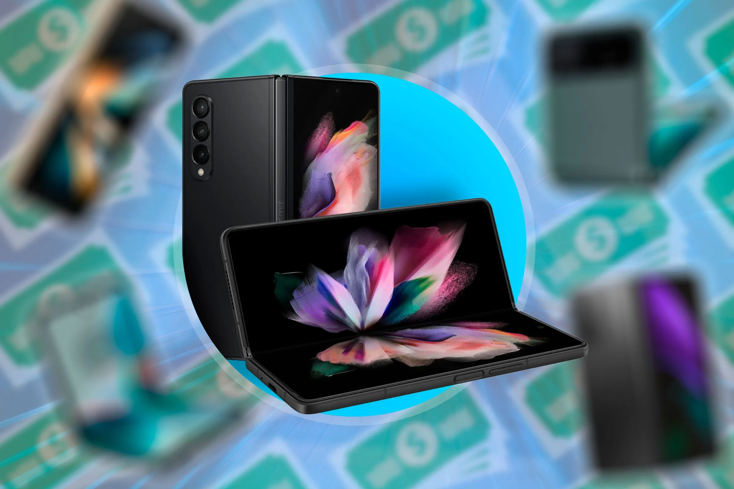 Một chiếc điện thoại gập Samsung màu đen, hiển thị màn hình bên trong với hình nền gradient màu xanh và hồng, được đặt nghiêng.