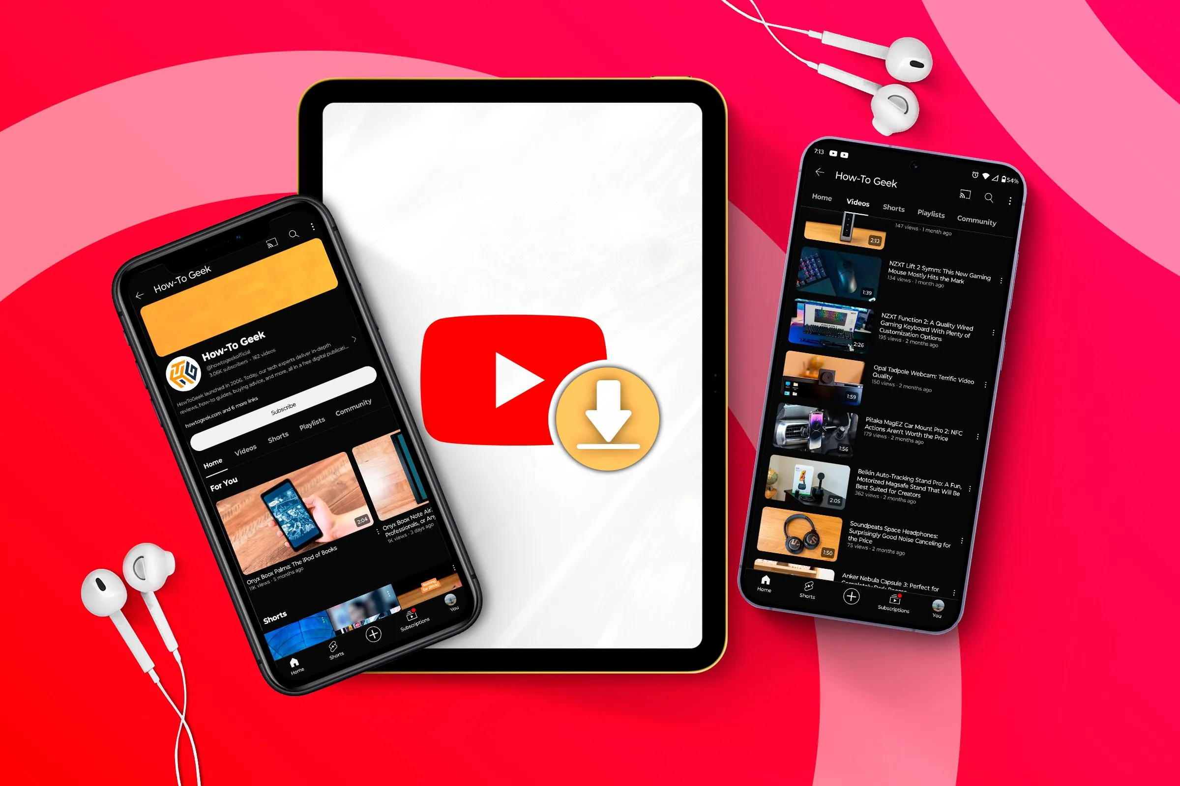 Một chiếc iPhone và Galaxy S24 hiển thị YouTube, cùng với một iPad ở giữa có logo YouTube và biểu tượng tải xuống, minh họa việc xem video ngoại tuyến.
