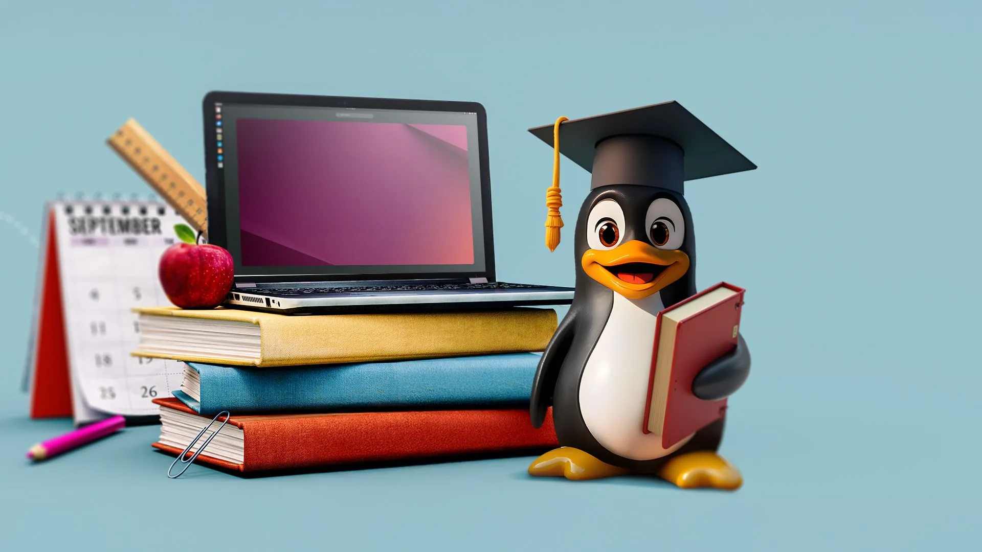 Một chiếc laptop đặt trên chồng sách giáo khoa, bên cạnh là linh vật Linux Tux đội mũ cử nhân, tượng trưng cho việc học tập và tra cứu.