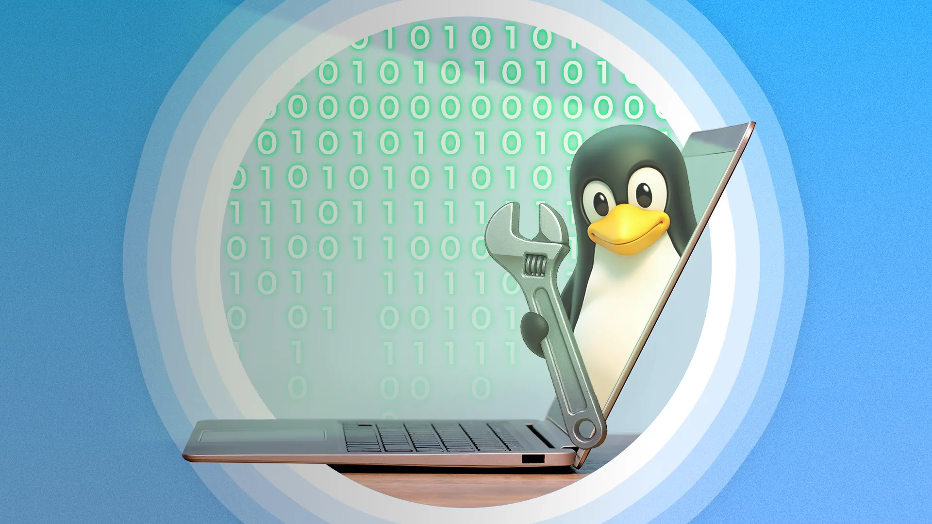 Một chiếc laptop trên bàn làm việc, từ màn hình hiện ra linh vật Linux Tux đang cầm mỏ lết, tượng trưng cho việc tự sửa lỗi và khắc phục sự cố.