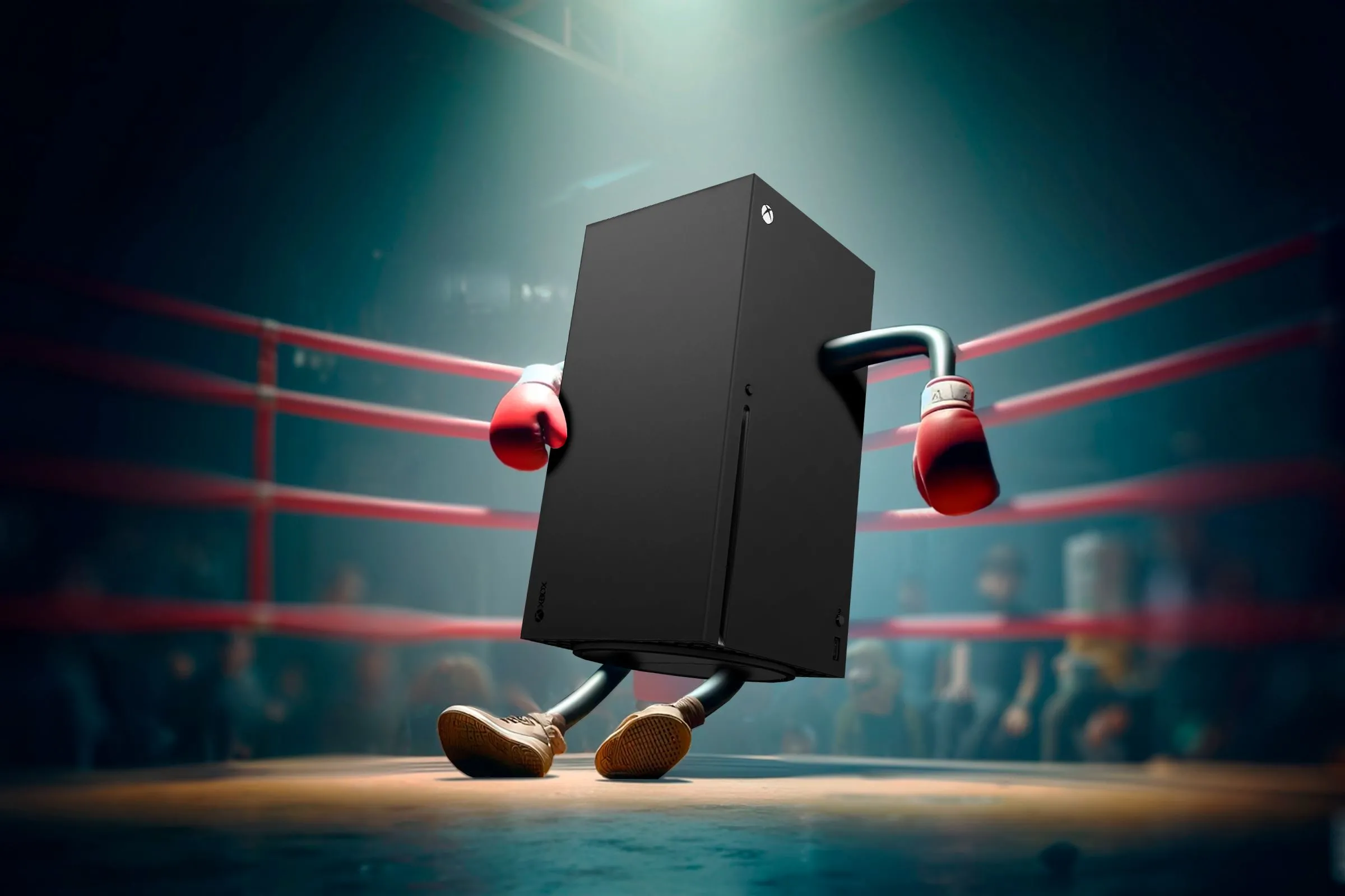 Một chiếc Xbox Series X bị đánh bại trong một sàn đấu boxing.