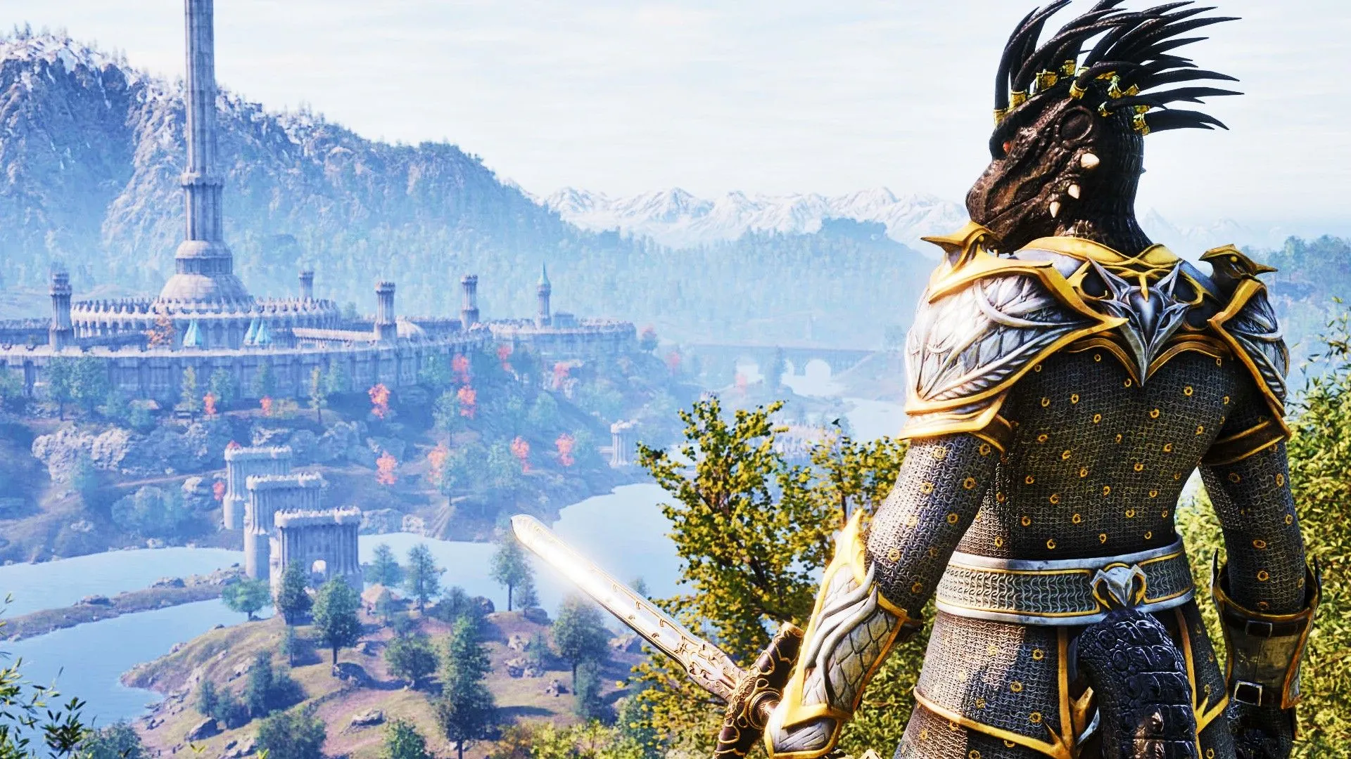 Một chiến binh Argonian trong bộ giáp đầy đủ cầm kiếm đứng trước Thành phố Hoàng gia trong The Elder Scrolls IV Oblivion, tượng trưng cho lịch sử lore đồ sộ của series.