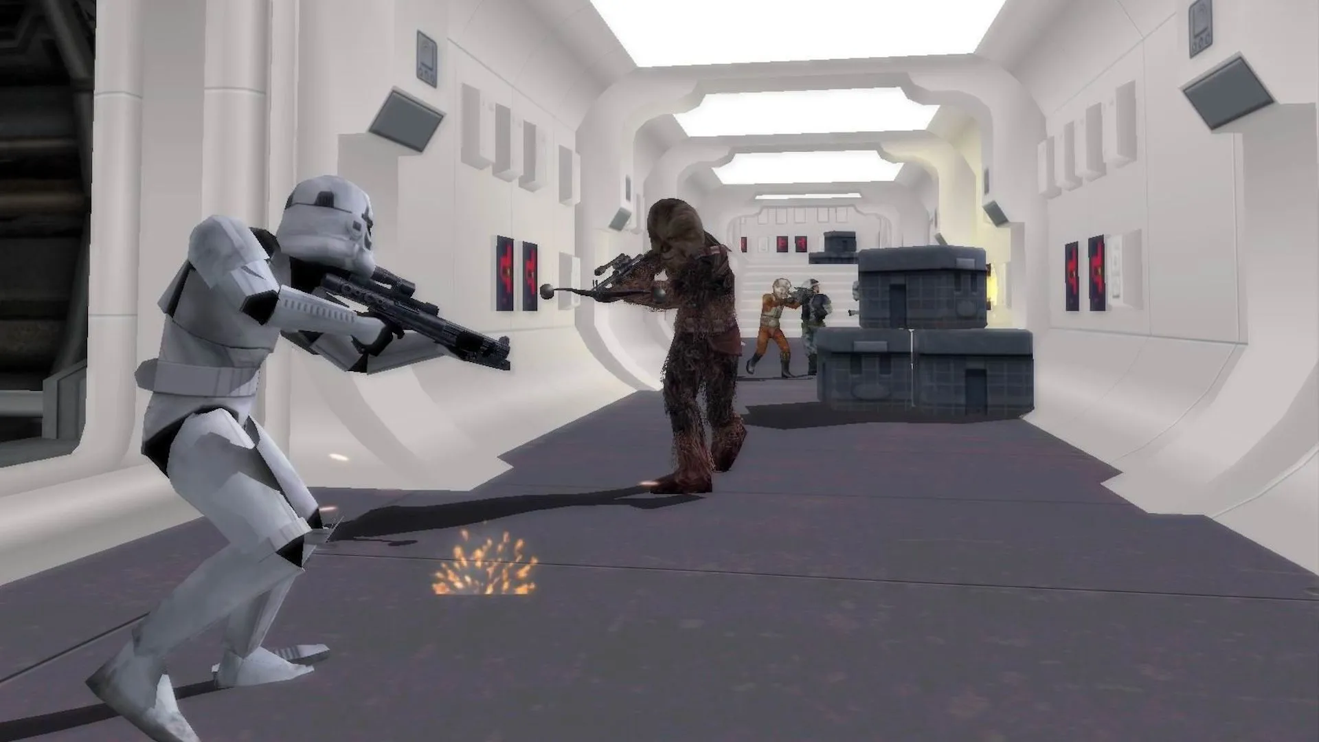 Một chiến binh Wookie giao tranh với Stormtrooper trong không gian hẹp của Star Wars Battlefront II, thể hiện sự đa dạng trong combat và các trận chiến gay cấn.