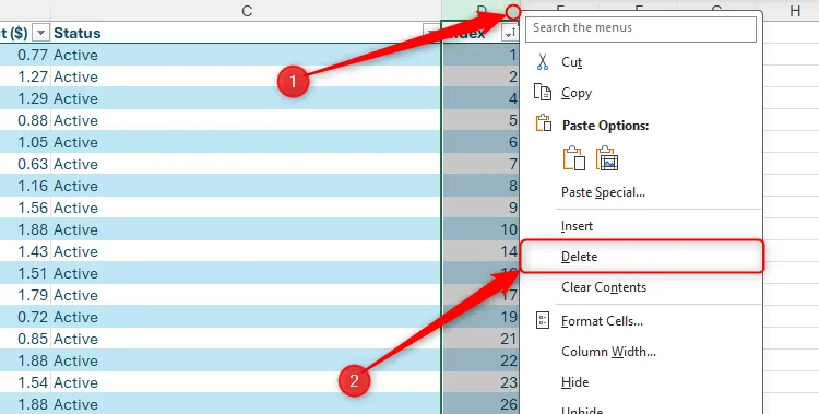 Một cột Index đang được xóa trong Microsoft Excel sau khi hoàn tất các thao tác xử lý dữ liệu