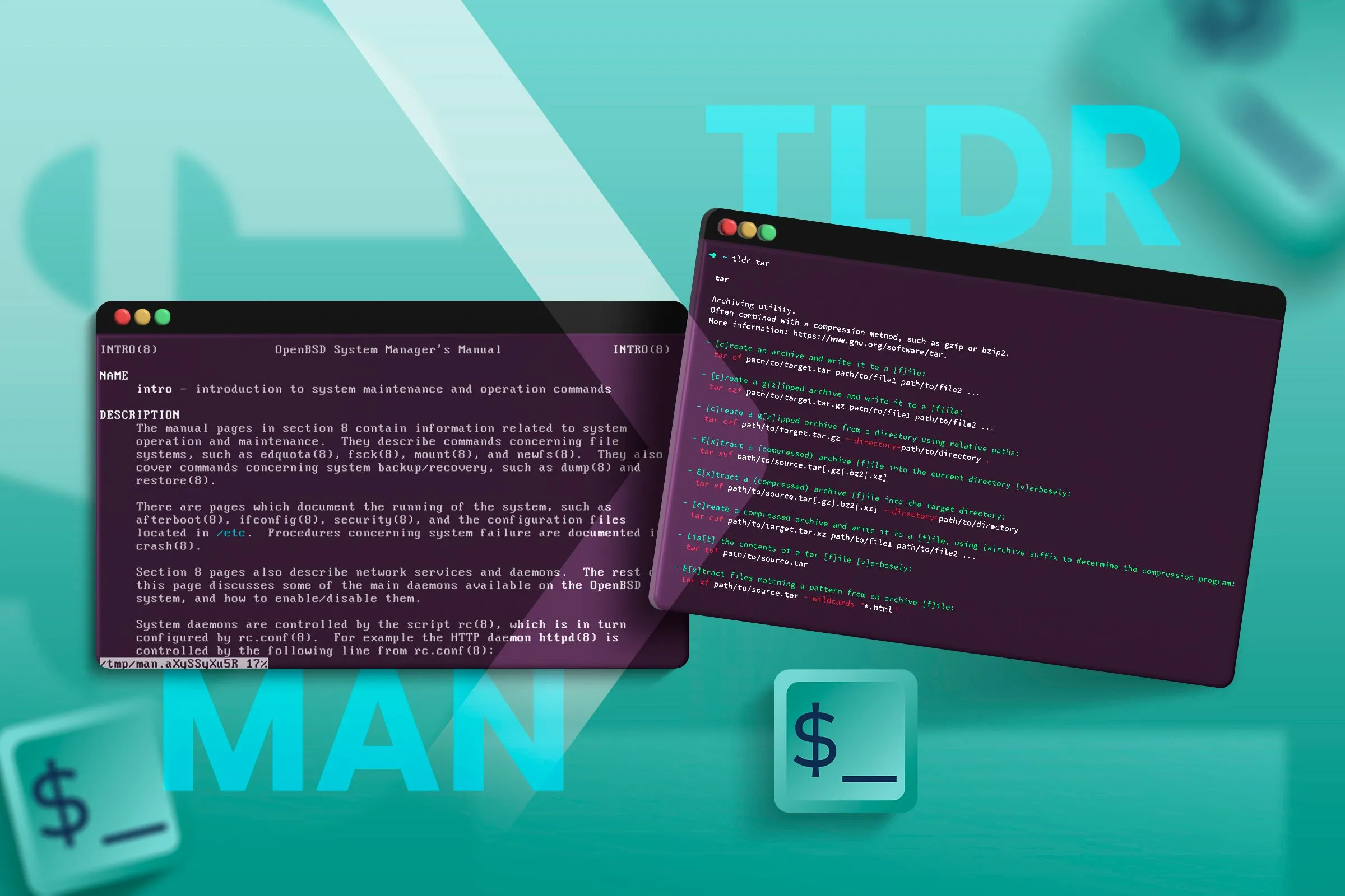 Một cửa sổ terminal Linux với trang hướng dẫn (man page) và một cửa sổ khác với trang tldr (too long; didn't read) cho các lệnh, giúp người dùng dễ dàng tra cứu.