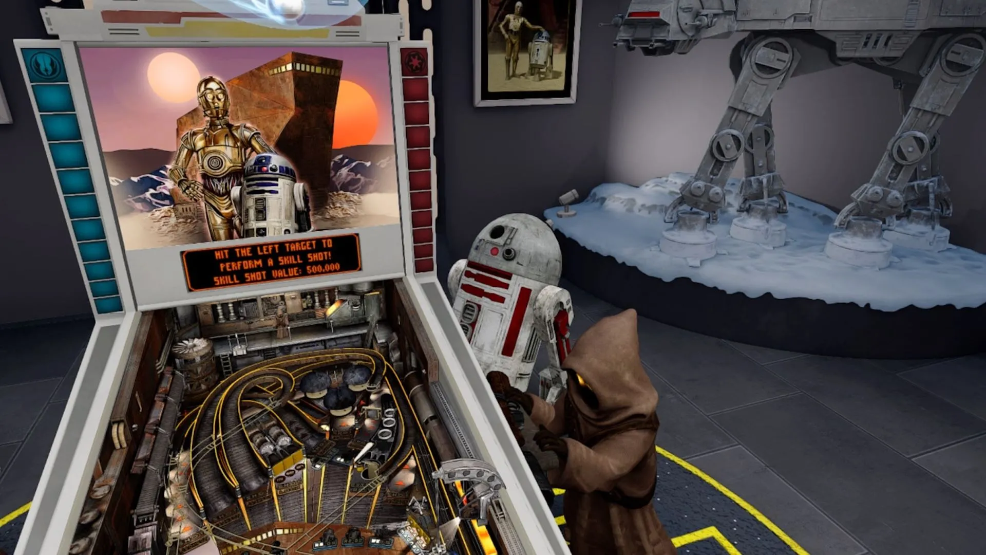Một droid và một jawa đứng cạnh bàn pinball trong game Star Wars Pinball VR.