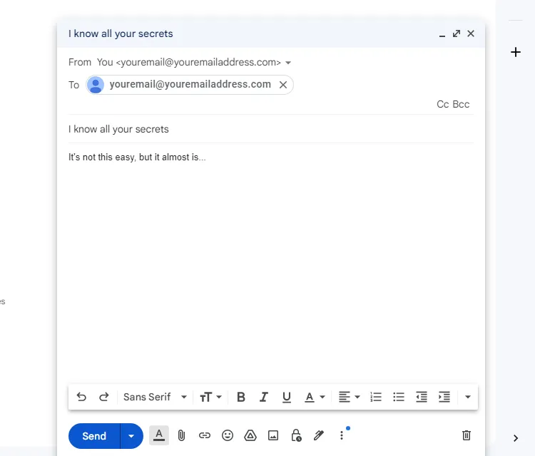 Một email được gửi từ chính địa chỉ email của người nhận để vượt qua bộ lọc thư rác.